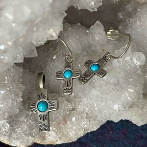 NWOT Sleeping Beauty Turquoise and Hammered Silver Cross Earrings & Pendant